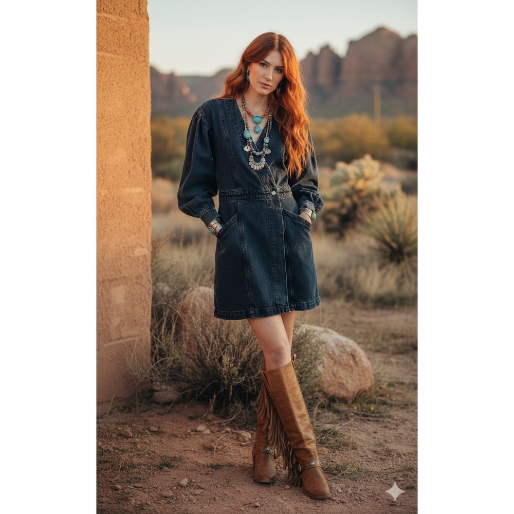 NWT Etica Mira Dark Blue Denim Wrap Dress L Western Southwestern Coastal Cowgirl